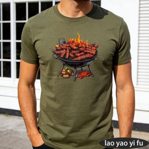 [Local Stock] HBESTY  vGrill Full Of Skewers Sausages Flame BBQ Graphic Men Summer Cotton T Shirt Outdoor Barbecue Cookout Short Sleeve Daily Top