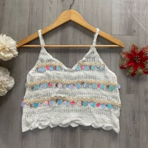 Set bộ đi biển bikini gồm 1 chân váy A cạp chun + 1 áo 2 dây sợi móc đính trang trí thời trang mùa hè 2024 thoáng khí