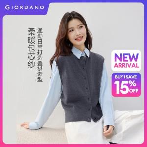 Giordano Women Contrast crewneck cardigan vest Free Shipping 05356708