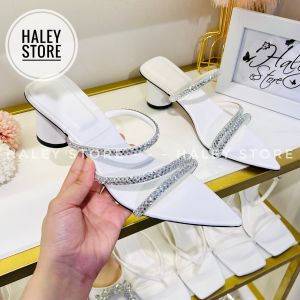 Guốc tròn xéo HALEY STORE cao gót 5cm gót tròn mũi nhọn đính đá quai xoàn lấp lánh tiểu thư đi tiệc đi chơi êm chân
