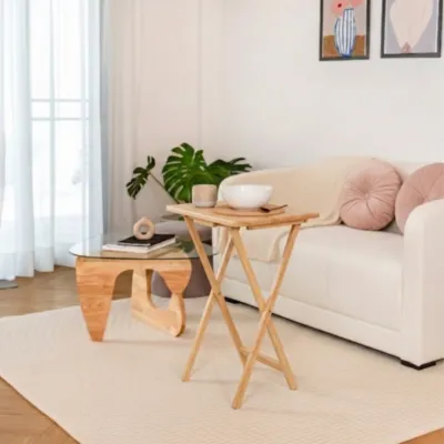 PJ wood โต๊ะพับไม้แท้ มินิมอล โต๊ะวางของอเนกประสงค์ ประหยัดพื้นที่ Foldable Rubberwood Tray Table