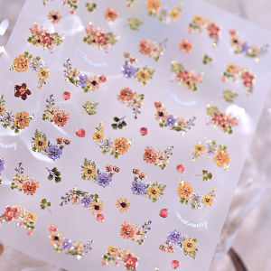 Gold Foil Spring Flower Nail Stickers Orange Red Grass Wildflower Manicure Decal Embossed Oil Painting Style Floral Nail Decals h260819