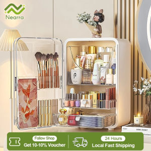 Nearra White Portable Makeup Storage Box With Cover Desktop Cosmetics Waterproof Box Dustproof Organizer