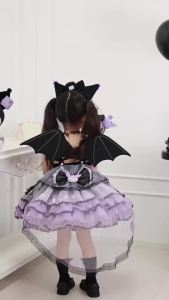 Kuromi Bell Lolita Gown Whole set Girls Halloween Lace Cartoon Cake Dress purple birthday puff dress