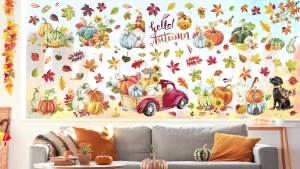 Fall Pumpkin Maple Leaves Double Sided Window Clings Autumn Harvest Dog Cat Scarecrow Birds on Tree Branch Anti-Collision Glass Doors Window Stickers Decals