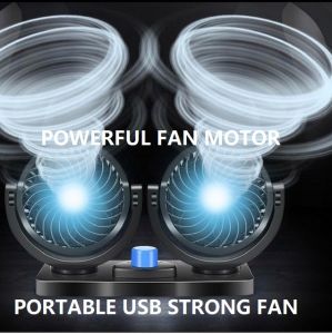 STRONG Portable Car USB POWER Fan Air Conditioning 2 Speed Fan Dual Head 360°Rotating Silent 12V