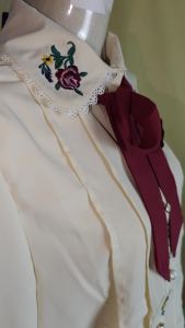 Retro Vintage Embroidery Bow Tie Tops Autumn Basic Wear Elegant Formal Single Breasted Button Solid White Shirts