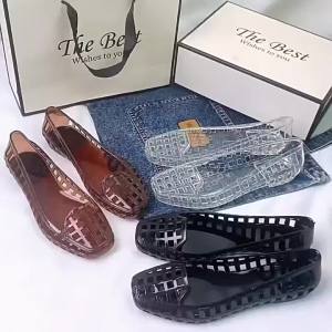 [Free Shipping] 2025 Korean Jelly Shoes New Summer Model For Women Square Toe Shallow Cutout Flat Sole Transparent Crystal Clogs