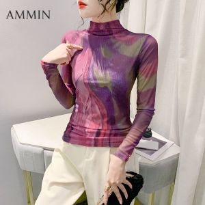 Ammin 2024 mùa xuân và mùa thu Đơn Giản Bán cổ cao Hình Học dài tay in họa tiết T-Shirt Phụ Nữ phong cách Hàn Quốc R Định Vị nhuộm kiểu cột thắt in graffiti Lưới Phồng Tay Áo Giản Dị thanh lịch ngoại cỡ Áo