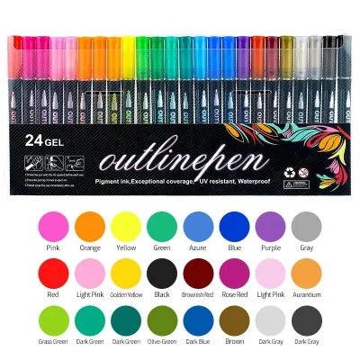 12/24/36 Colors Double Line Outline Pens Contour Pen Self-Outline Metallic Art Marker with Glitters for Drawing Painting Doodling Glitter Pen Set School Art Supplies Childrens Gift