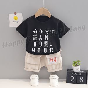 Setelan Kaos Anak Laki Laki Lengan Pendek Bahan Katun Warna Kuning Hitam