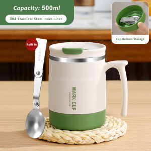 Justliving Cốc chân không thép không gỉ 304 500ml cốc bình giữ nhiệt bằng thép không gỉ cốc cà phê hai vách có thìa và nắp cawan kopi tahan Panas cốc cà phê đá mỹ