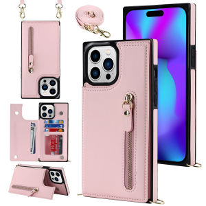 RFID Zipper Wallet Lanyard Cards Solt Leather Case for iPhone 15 14 Pro Max 13 12 Mini 11 X XR XS 7 8 Plus Strap Crossbody Cover