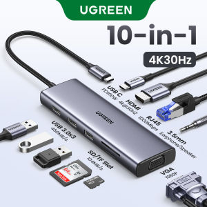 UGREEN 10 in 1 USB C HUB Dongle Ethernet Docking Station with 4K HDMI VGA 100W Power Delivery 3 USB 3.0 Ports SD TF Card Reader for Thinkpad T14 MacBook Pro