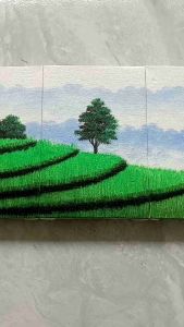 Lukisan Kanvas Canvas Hiasan Pajangan Dekorasi Dinding Ruang Tamu dan Rumah Motif Pemandangan Sawah Hijau 1set Ukuran 90x40cm
