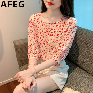 AFEG new Korean version of square collar fashion simple loose all small square printed chiffon seven sleeve blouse