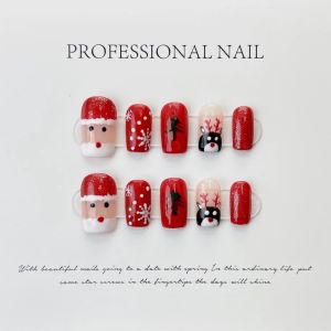 [HANDMADE]Artificial Nail Christmas Hand Drawn Snowflakes Santa Claus Tree Elk Phototpy Nails Reusable and Removable Nails