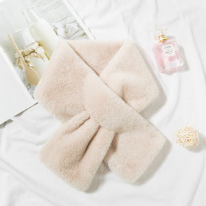 Faux Rabbit Fur Thicken Scarf Elegant Solid Color Cross Scarf Winter Warm Shawl Soft Fluffy White/Beige Girls Plush Neck Warmer Winter Necessities