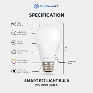 Outsmart E27 WiFi RGB Smart Bulb – Dimmable A60 Multi-Colour App & Voice Control