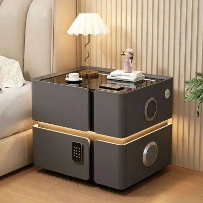 GH GLOWHOME（in stock）Smart Nightstand with Password Lock Wireless Charger 3-Color LED Lighting & Bluetooth Speaker Tool-Free Assembly Floor-Standing Bedside Storage Cabinet for Bedroom