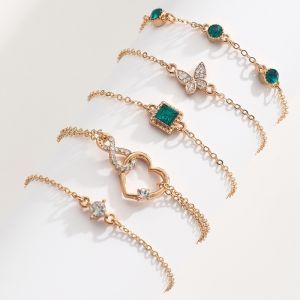 5PCS Elegant Metal Imitation Emerald Inlaid Diamond Bracelet Set Adjustable Jewelry for Women