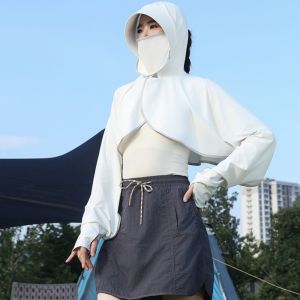 NUOR Màu đơn sắc Áo hoodie chống nắng 3 trong 1 Áo tay dài Lụa băng Quần áo chống nắng Thoáng khí Mỏng Khẩu trang mũ kem chống nắng khăn choàng Mùa hè