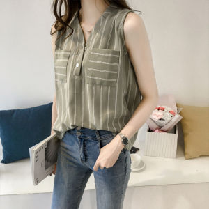 Korean Plus-size V-neck Striped Casual Blouse Sleeveless Chiffon Top