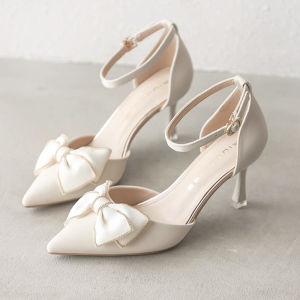 2025 Korean new high heels for women white wedding shoes for women with bow tie 7cm