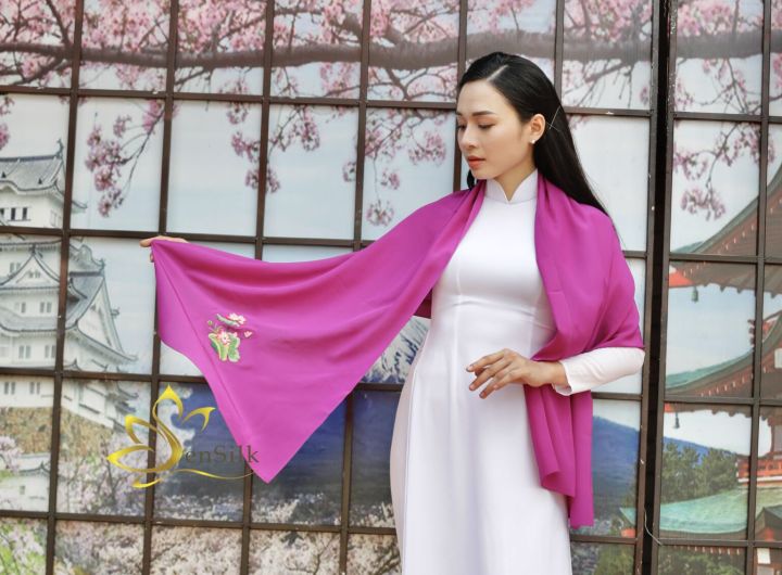 Khăn Lụa Tơ Tằm Thêu Sen Việt Nam SenSilk 200x55cm, Khăn Thêu Thủ Công, Vải Lụa Tơ Tằm, Lụa Tơ Tằm Thêu Tay, Vietnam Silk Embroidery