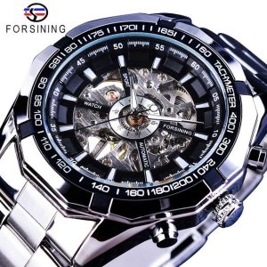 New Forsining stainless steel waterproof mens fashion watch top brand luxury business transparent mechanical watch. Mens gift