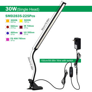 TRANYTON 30W/60W Dual Head LED Grow Light for Indoor Plants Full Spectrum Clip-on Plant Lamp with 3/9/12H Timer 10 Dimmable Levels & 360° Flexible Gooseneck Desktop Grow Light for Seedlings Succulents 50cm grow tube