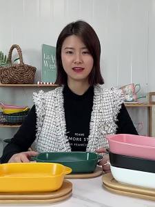Binaural Baking Pan Oven Ceramic Plate with Wooden Lid Tray Microwave Oven Baking Tray Baked Rice Plate Home Breakfast Tray