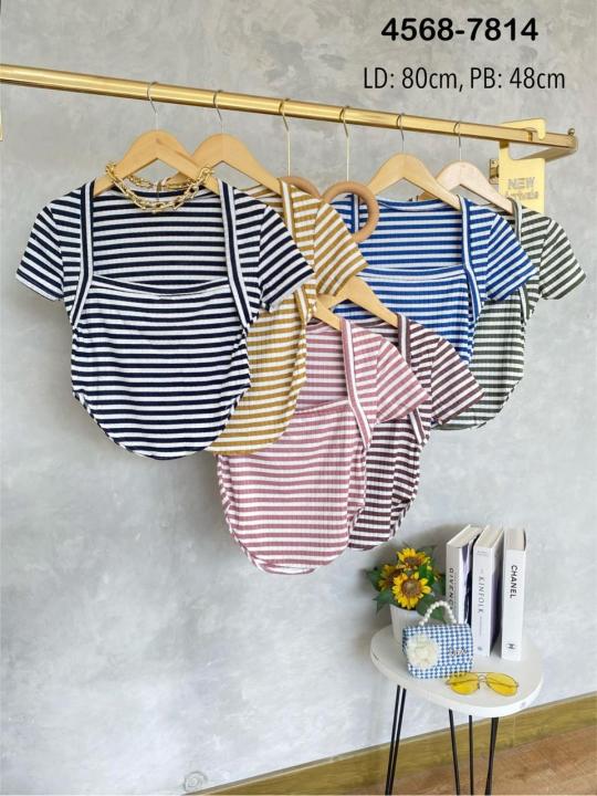 Atasan Square Neck Oval Salur Knit / Atasan Crop Top Oval Wanita 4568