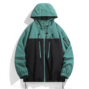 Playboy Outdoor Jacket-Color Block Zipper Cargo Windproof Waterproof Hiking Windbreaker For Men Women