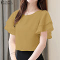 ZANZEA Korean Style Women's Blouse Ruffle Short Sleeve Double Layer O-Neck Solid Top Pullover #10. 