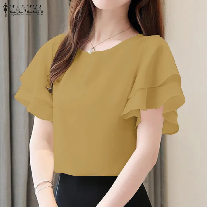 ZANZEA%20Korean%20Style%20Women's%20Blouse%20Ruffle%20Short%20Sleeve%20Double%20Layer%20O-Neck%20Solid%20Top%20Pullover%20#10%20-%20Image%204