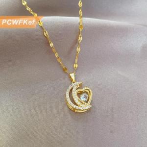 【PCWFKef】 สร้อยคอจี้หัวใจพระจันทร์คริสตัลทำจากสแตนเลสสำหรับผู้หญิงเทรนด์ใหม่สำหรับเด็กผู้หญิงสร้อยคอชั้นดีของขวัญวันเกิด