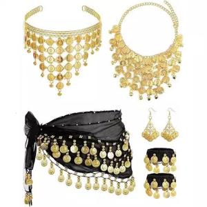 Belly Dance Gypsy Costume Women Belly Dance Outfits Coins Head Chain Hip Scarf Bracelets Earrings Gold Necklace
