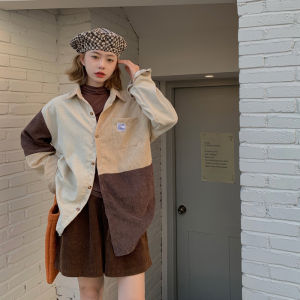 M-4XL Wanita Korduroi Kemeja Retro Warna Senada Baju Kaos Lengan Panjang Atasan