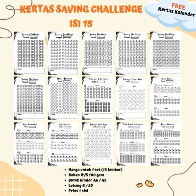 (Isi 15) Paket Lengkap Kertas Saving Challenge Ukuran A5 A6 / Kertas Tantangan Menabung