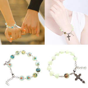 Cross Rosary Beads Bracelet Vintage Acrylic Jesus Christ-Crucifix Cross Wristband for Men Women Sweet Religion