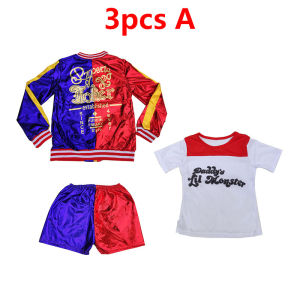Kids Girls Suicide Squad Harley Quinn Coat Shorts Top Set Girls Clothing Set Children Cosplay Costumes Suit Halloween Cosplay Dress Suit