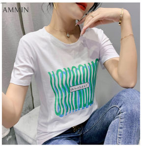 AMMIN Áo Nữ Mùa Hè Tay Ngắn Áo Phông In Hình 2023 Cotton Mới Vừa Rộng In Hình Tay Áo Lửng