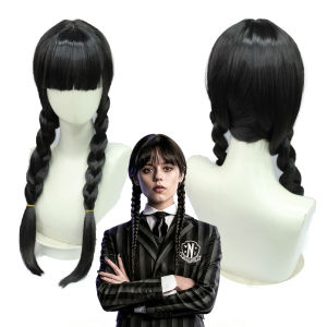 Meng Qian Wednesday (American TV series) The Adams Family cos Wig with Double Ponytail Braids for Halloween Party Costume