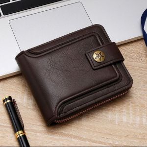 MOUSSON  กระเป๋าสตางค์หนังPUสไตล์วินเทจสำหรับผู้ชายและผู้หญิง พร้อมช่องซิปและช่องใส่บัตร เหมาะสำหรับใช้ในชีวิตประจำวัน