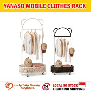YANASO Mobile Clothes Rack Bear Ear Garment Stand Storage Basket Hooks Brake Casters Kids Adult Bedroom Organizer