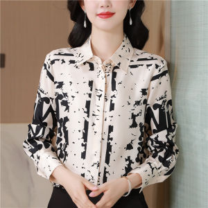 AMMIN spring 2025 new simple lapel fashion abstract graffiti print single breasted commuter chiffon blouse Korean style long sleeve plus size elegant blouse