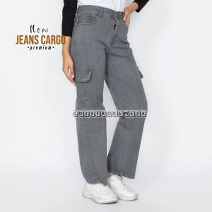 celana Jeans Cargo Wanita Highwaist dengan Kantong Samping - Pinggang Alami Full Length Warna Solid