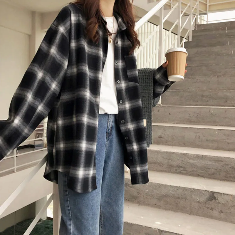 SIS Women Coat Plaid Long Sleeves Polo Collar Checkered Blouse Oversize Loose Vintage Shirt Lazada PH