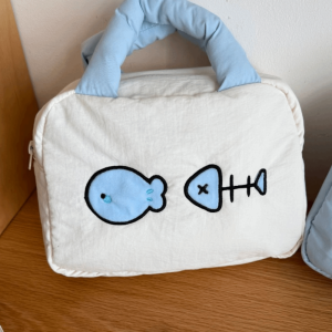 FLYING Waterproof Cosmetic Handbag Bag Cartoon Fishbone Embroidery Toiletries Storage Bag Portable Nylon Makeup Bag Women Travel